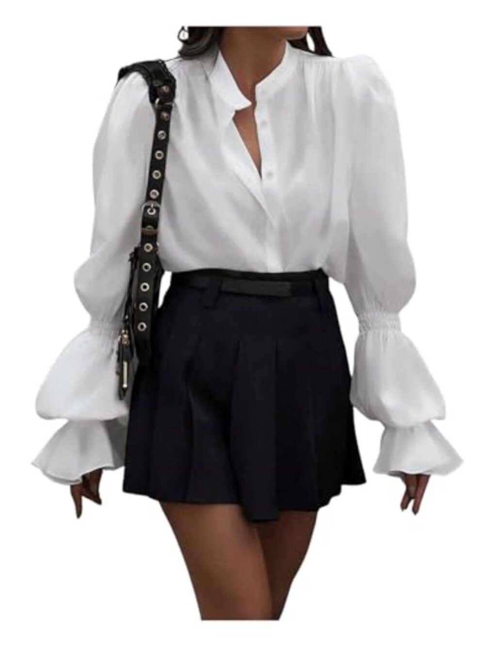 Puff Sleeve Button Down Blouse Loose Fit Ruffle Victorian Work Top